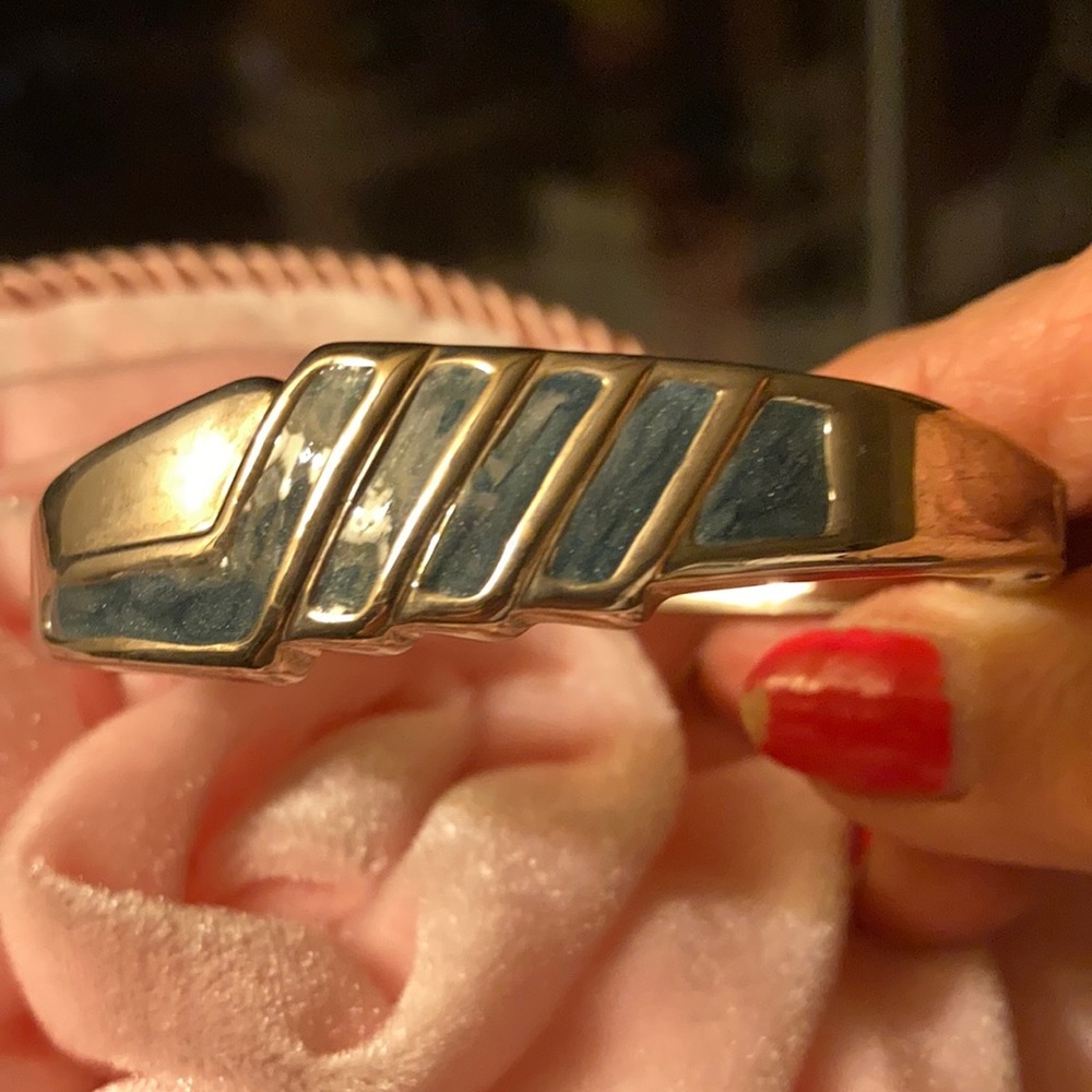 Silver tone and turquoise enamel hinged bracelet